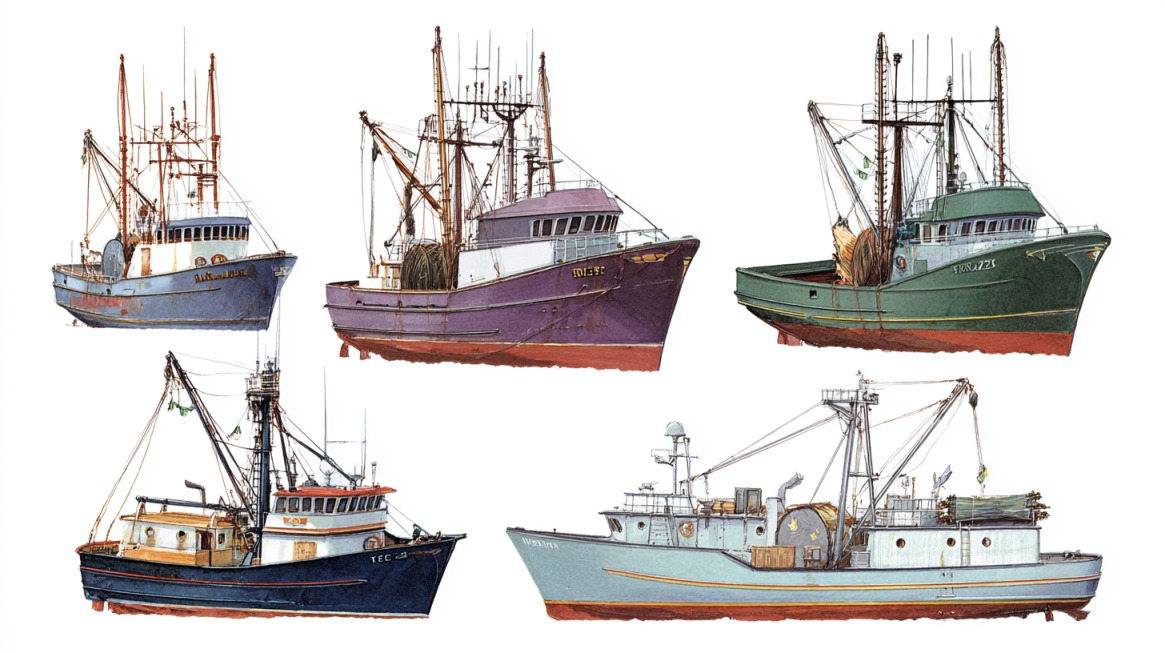 Illustrated lineup of five different types of fishing vessels, each with distinct colors and designs