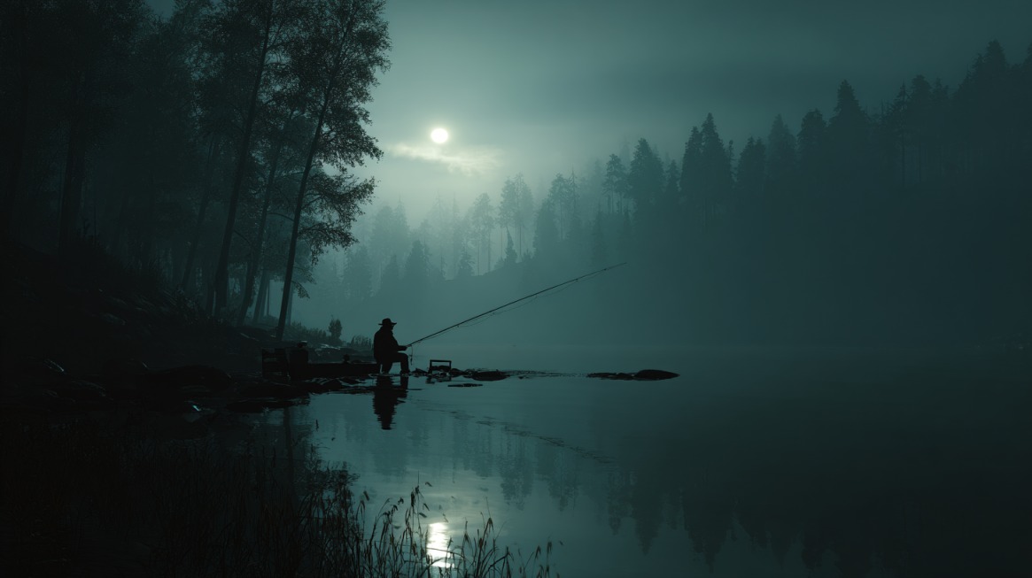 An angler sitting by the shore of a quiet lake at night, fishing under the moonlight with a forest silhouette in the background