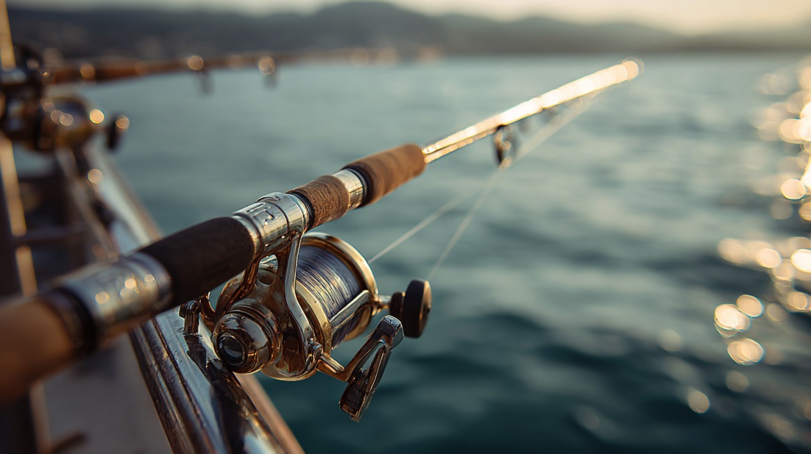 Close-up of a fishing rod securely placed in a rod holder on a boat, with calm ocean waters in the background