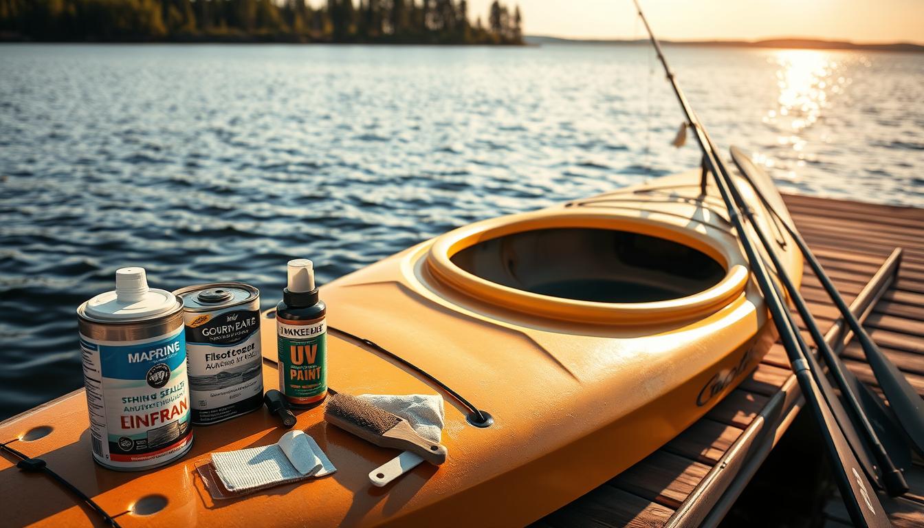 Maintenance supplies on a docked yellow kayak at sunset