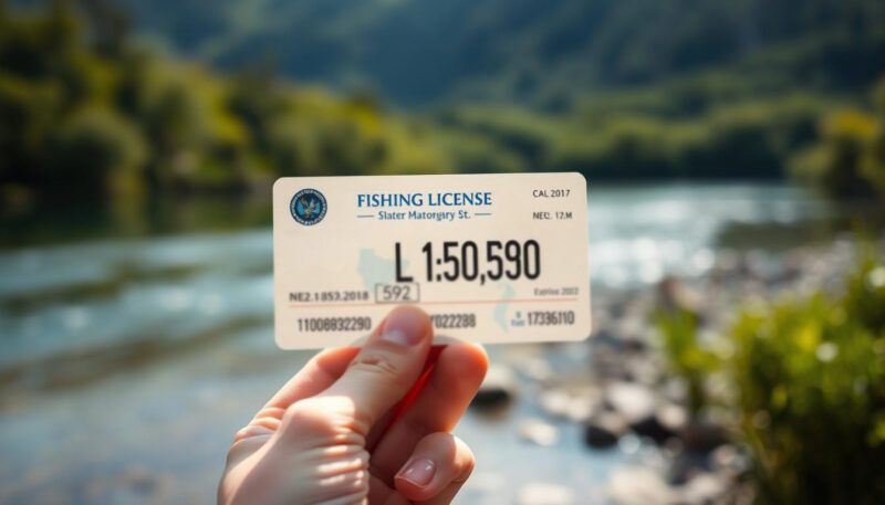 Close-up of a person holding a U.S. fishing license near a scenic river with forested mountains in the background