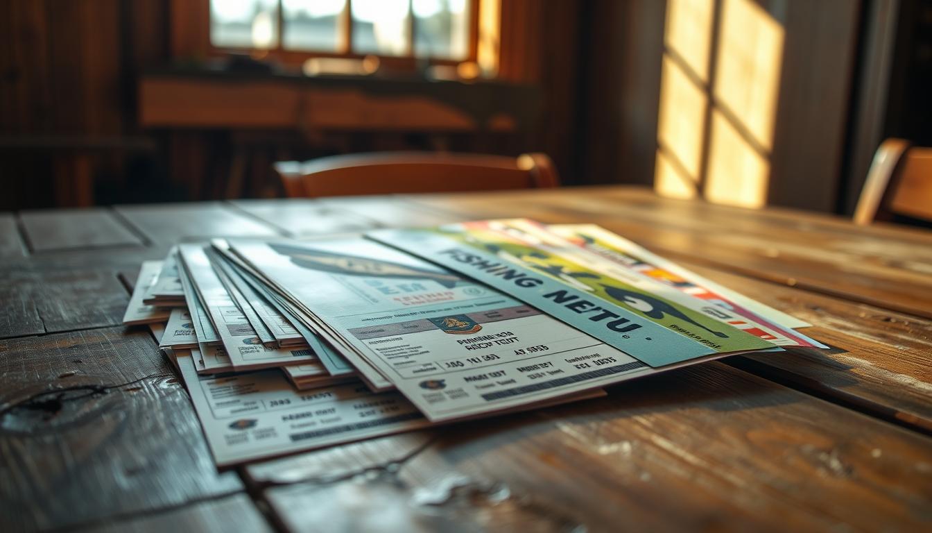 A stack of printed fishing licenses laid out on a rustic wooden table inside a warmly lit cabin