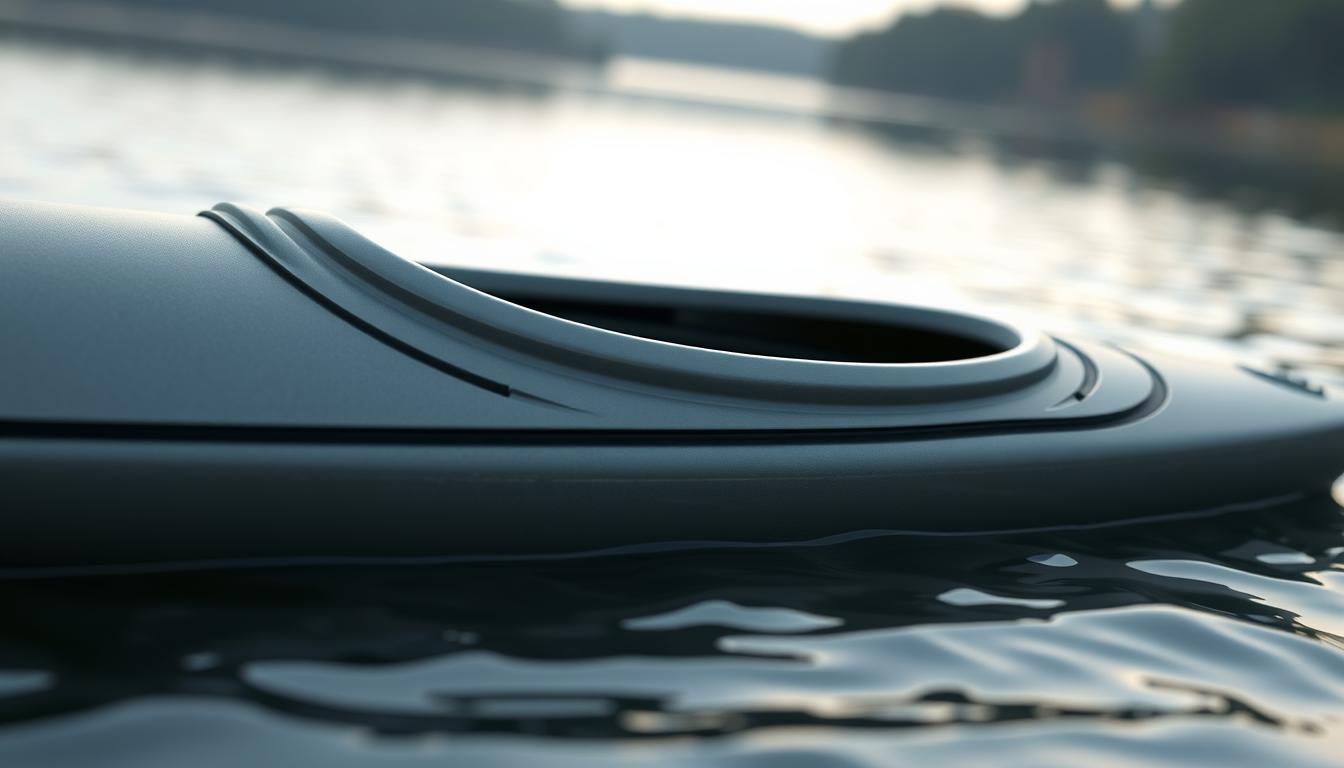 Close-up of a sleek sit-in kayak floating on calm water