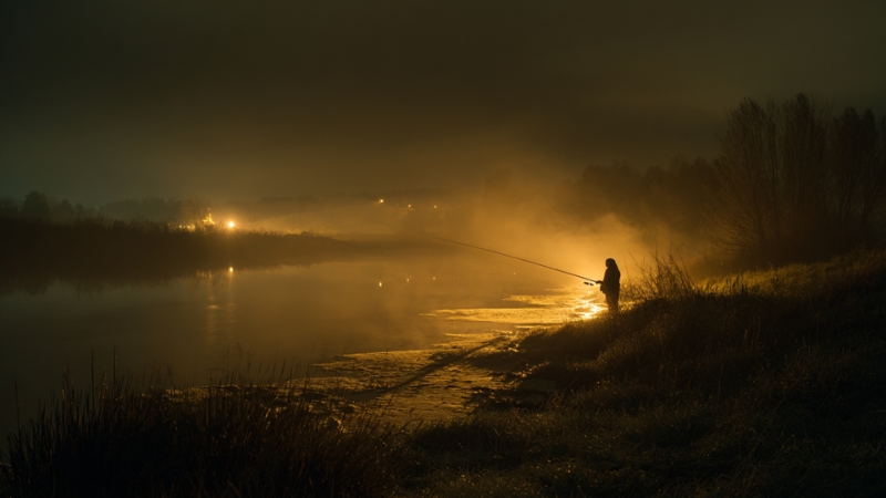 A person stands on a foggy shoreline at night holding a fishing rod near glowing water