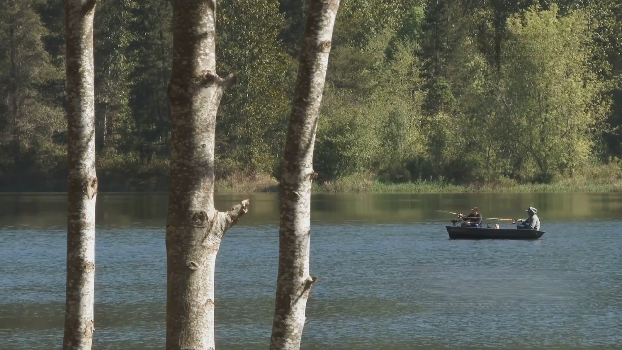 Two anglers fish on Lake Champlain near a wooded shoreline
